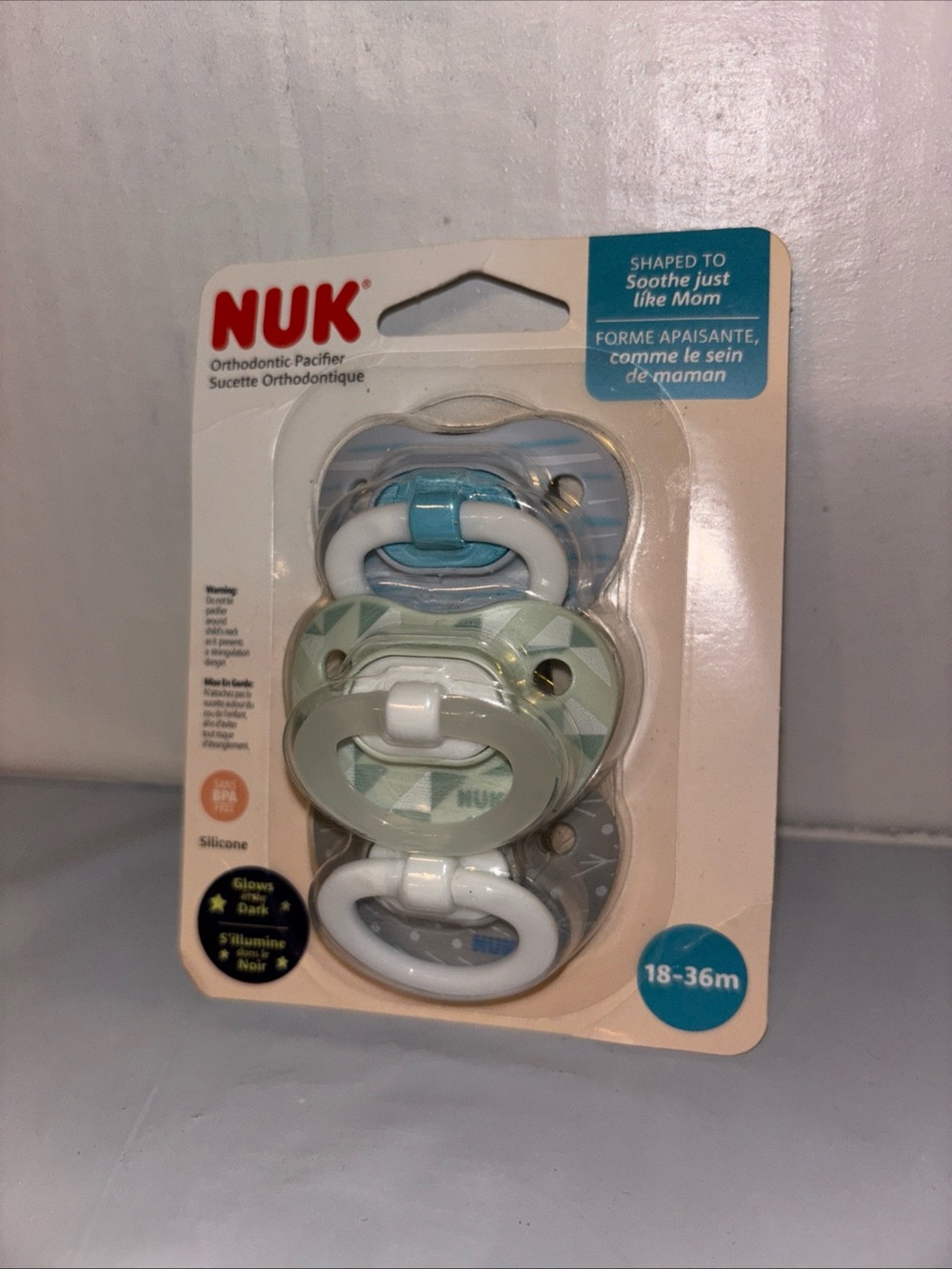 NUK Orthodontic Pacifiers Neutral, Glows in the Dark - 18-36 Months - 3 Pack NEW